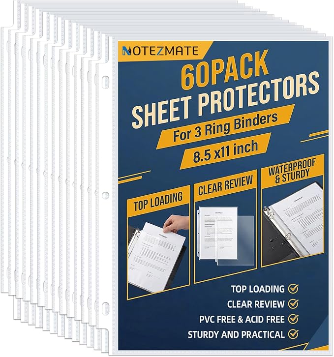 60 Pack Sheet Protectors 8.5 x11 Inch, Top Loading Polypropylene Plastic Sleeves by NOTEZMATE