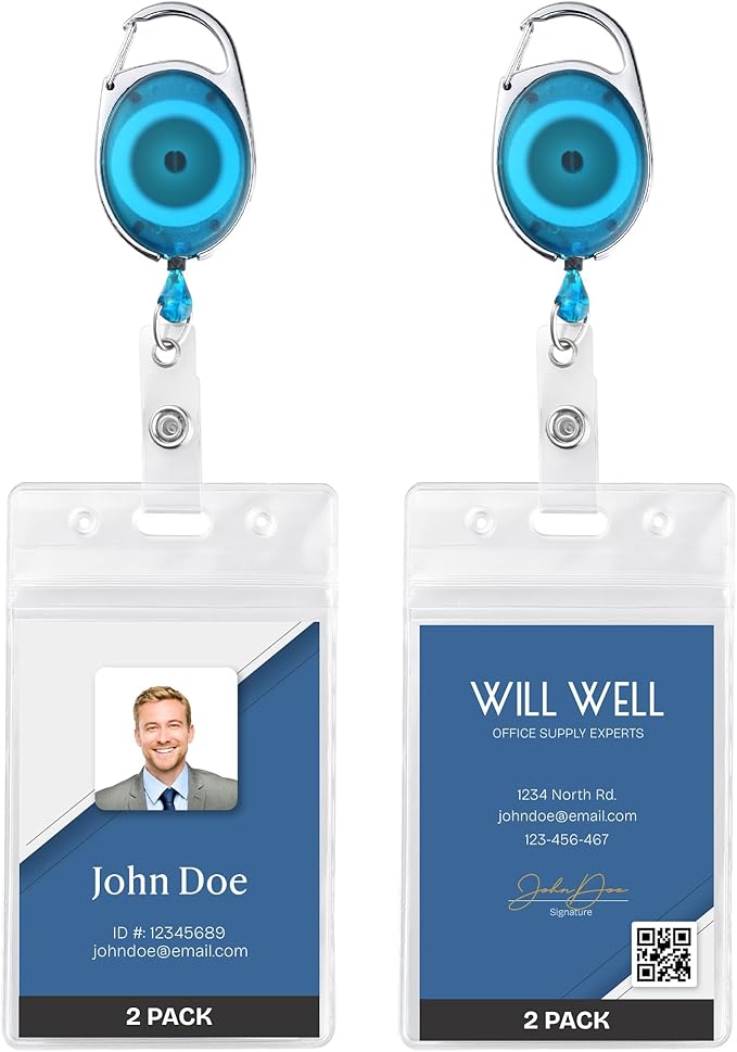2 Pack Id Badge Holder With Clip, Transparent Light Blue Badge Reels with Id by WillWell