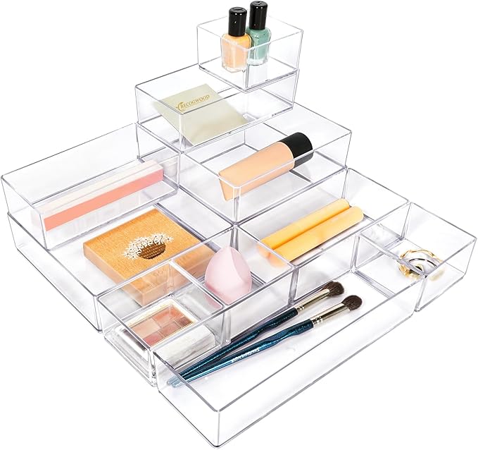 Stackable Acrylic Drawer Organizer Set, 11 PCS Multi-Size Storage Bins for Makeup, Office Desk, Bathroom, Vanity and Kitchen Utensils-DeskLoop Office
