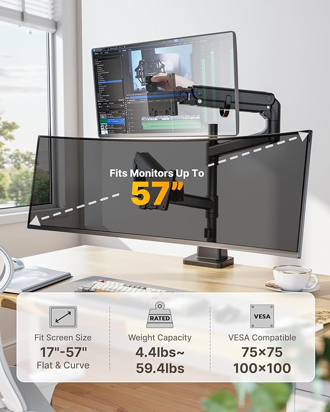 monTEK Dual Monitor Arm for up to 57" and 59.4 lbs Ultrawide Screen, Aluminum Heavy-Duty Gas Spring Vertical Stackable Curved Screen Adjustable Monitor Stand, 75/100mm Vesa Mount, Black-DeskLoop Office