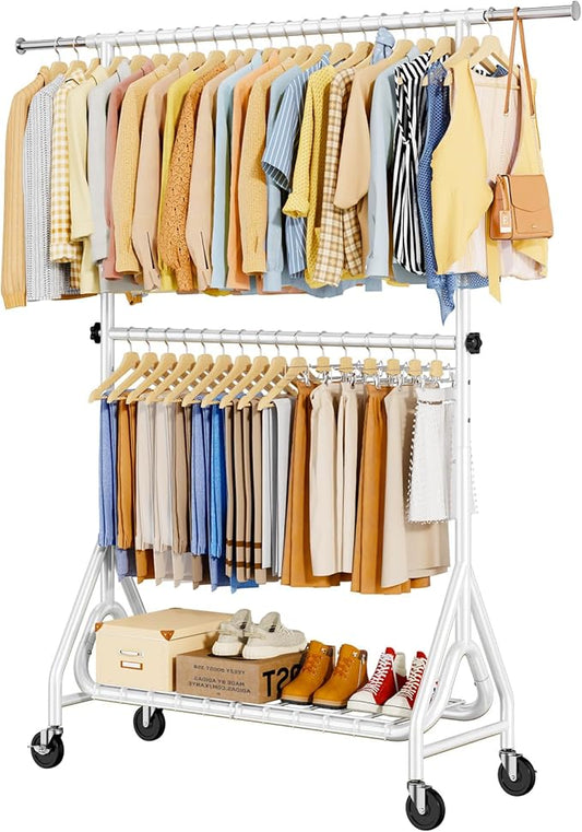 Double Rods Clothing Rack, Heavy Duty Clothes Rack for Hanging Clothes Load 560LBS, Metal Rolling Garment Racks with Wheels, Freestanding Clothes Hanging Racks, White-DeskLoop Office