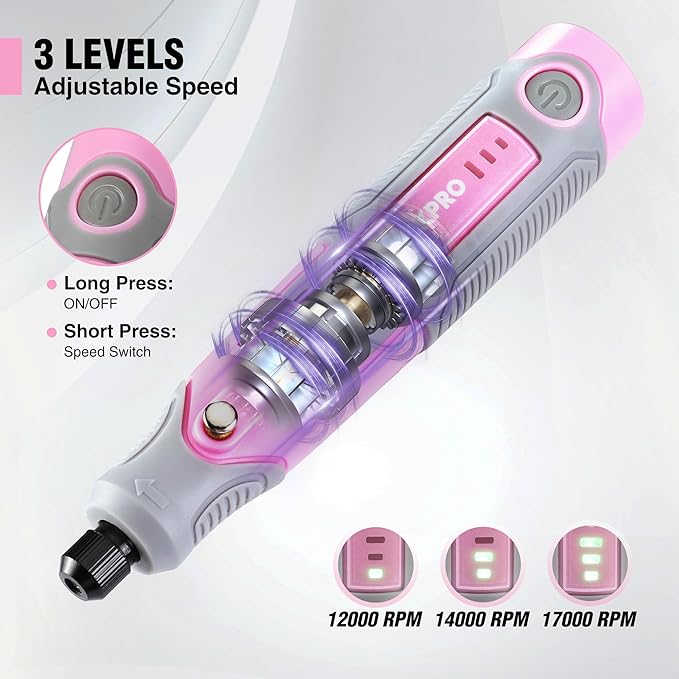 WORKPRO Cordless Rotary Tool Kit with 71pcs Accessories, 3 Variable Speeds, USB Rechargeable Mini Rotary Tool for Engraving, Sanding, Polishing, Carving, Cutting, DIY Crafts - Pink Ribbon-DeskLoop Office