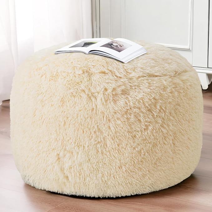 HIGOGOGO Round Stuffed Pouf Ottoman, Long Faux Fur Poufs with Foam Chunk Filling, Fluffy and Furry Pouf Foot Stool Storage Ottoman, 26 X 18 Floor Poufs Foot Rest for Living Room, White-DeskLoop Office