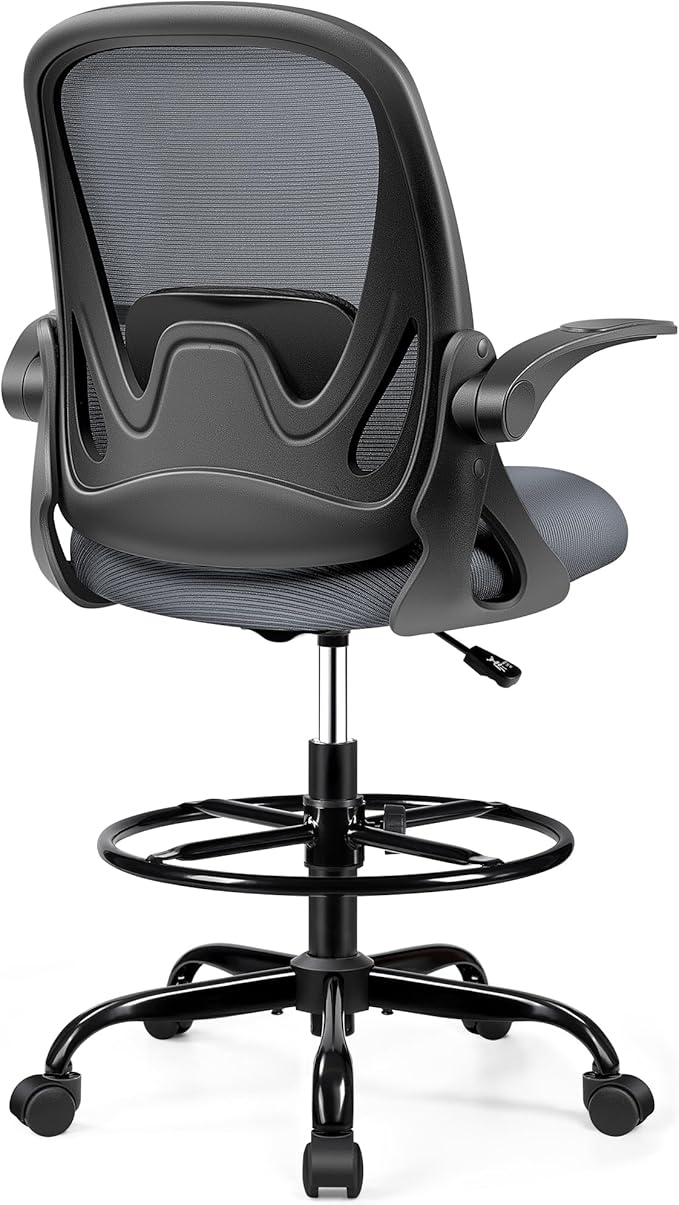 Drafting Chair Tall Office Chair with Flip-up Armrests, Adjustable Height, Enhanced Lumbar Support Ergonomic Rolling Stool, Back Support, Adjustable Foot Rest Ring for Standing Desk Dark Gray-DeskLoop Office