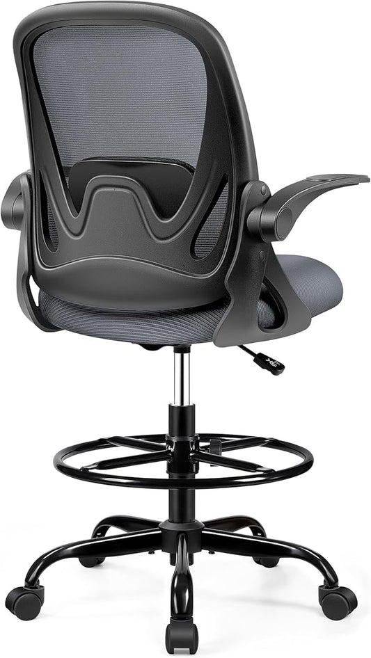 Drafting Chair Tall Office Chair with Flip-up Armrests, Adjustable Height, Enhanced Lumbar Support Ergonomic Rolling Stool, Back Support, Adjustable Foot Rest Ring for Standing Desk Dark Gray-DeskLoop Office