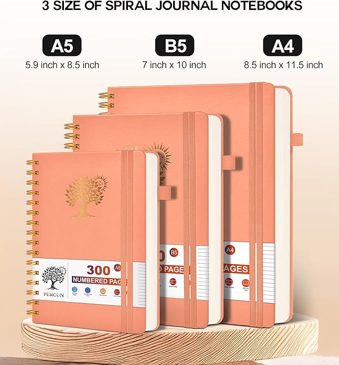 Spiral Notebook Journal for Women Men, 300 Numbered Lined Pages, College Ruled, A5 Hardcover Spiral Bound Notebook for School, Work, Note Taking Writing, Leather Spiral Journal Medium 5.9"x8.5"-DeskLoop Office