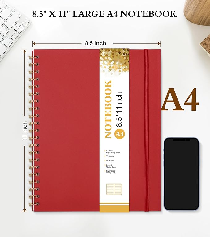 Spiral Notebook Journal 8.5” x 11”, A4 Large Notebooks for Women Men, College Ruled Lined Journal, 100 GSM Paper, Hardcover Spiral Bound Journals for Work School Writing Note Taking Business, Red-DeskLoop Office