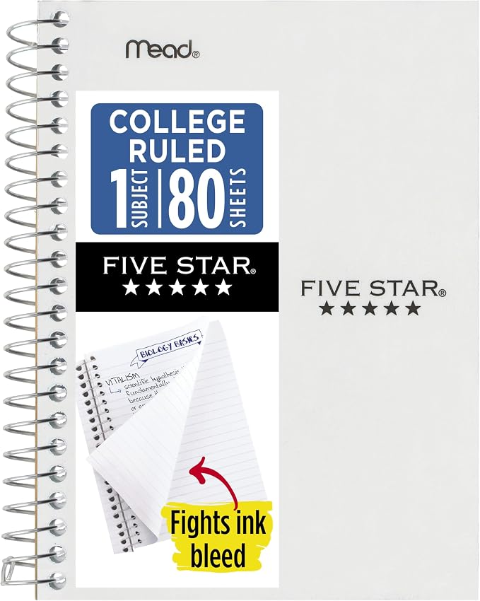 Five Star Spiral Notebook, 1 Subject, College Ruled Paper, 4-3/8" x 7" by FiveStar