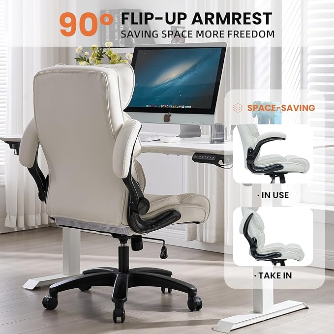 Big and Tall Office Chair 500lbs Wide Seat Executive Office Desk Chair High-Back Office Task Chair with Flip-Up Armrest, Ergonomic Lumbar Support Computer Office Chairs for Heavy People(White)-DeskLoop Office