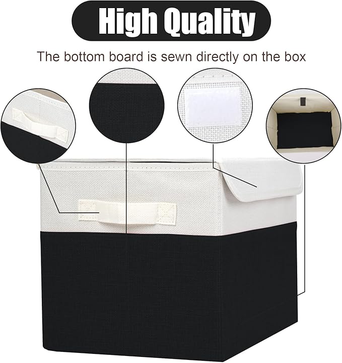 Large 22 Quart Linen Fabric Foldable Storage Bin Cube Organizer Basket with Flip-Top Lid & Handles, Clothes Blanket Box for Home, Office, Closet, Black & White, 4 Pack 14.6 x 9.5 x 9.5-DeskLoop Office