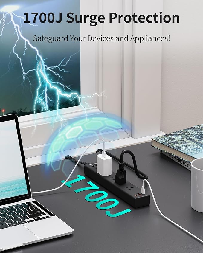 Flat Plug Power Strip, 6 Ft Ultra Thin Extension Cord, Surge Protector with 5 Outlets & 3 USB Ports (2 USB C), 1700 Joules, Wall Mount, Desktop Charging Station for Home Office Dorm, Black-DeskLoop Office