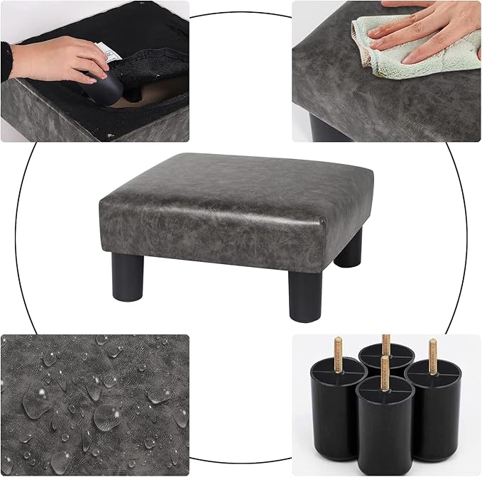Joveco Small Footstool PU Leather Ottoman Square Footrest Stool Modern Padded Seat Chair for Living Room Bedroom Couch Dogs (Gray)-DeskLoop Office