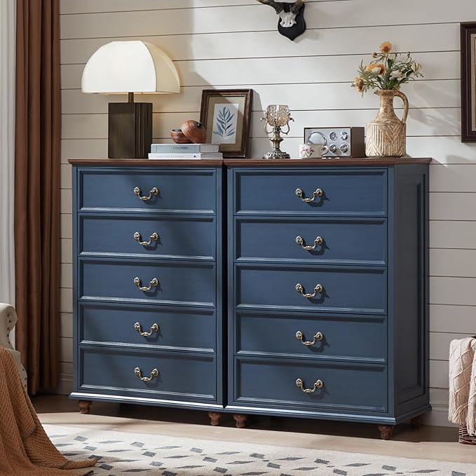 Farmhouse 5 Drawer Dresser Set of 2 for Bedroom, 45" Tall Rustic Chests of Drawers w/ 4 Solid Wood Feet, Mid Century Vintage Wooden Closet Storage Dressers Organizer for Living Room, Navy Blue-DeskLoop Office