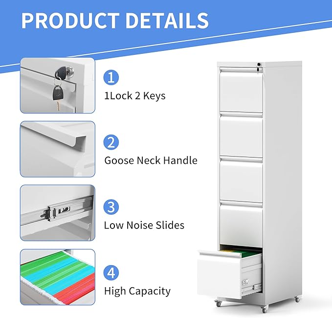 5 Drawer Mobile File Cabinet, Filing Cabinet Home Office for Letter, Legal Size, White-DeskLoop Office