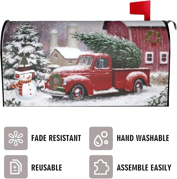 Winter Red Truck Christmas Tree Mailbox Cover, Cute Snowman Magnetic Mailbox - Image 3