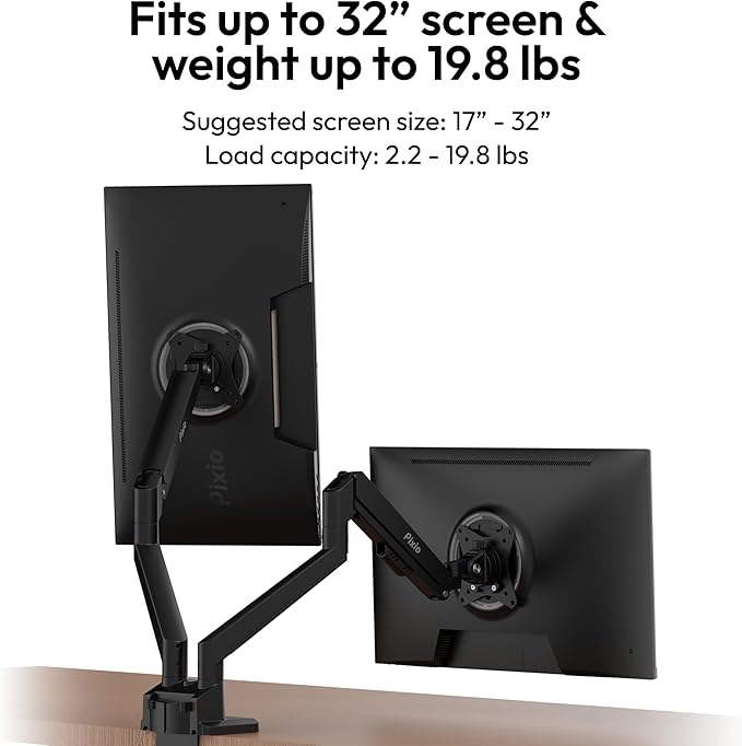 Pixio PS1D Wave Black Dual Monitor Arm Stand Desk Mount - Fits up to 32 inches Monitors and up to 19.8lbs. VESA Compatibility and Integrated Cable Management-DeskLoop Office