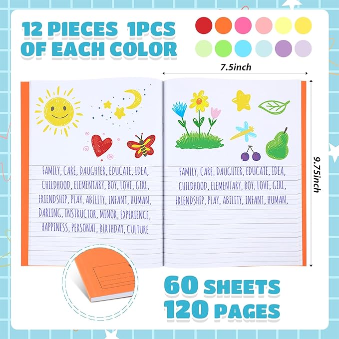 Henoyso 12 Pcs 120 Pages Primary Composition Notebooks K-2 9 3/4 x 7 1/2 Inch Journals Primary Journals Blank Books for Kids to Write Stories Kindergarten (Classic Color)-DeskLoop Office