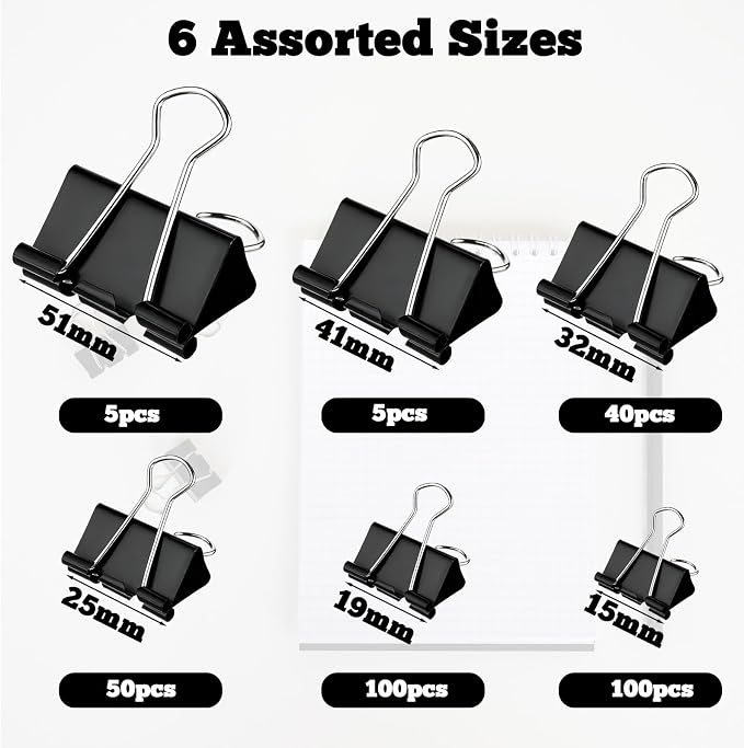 300Pcs Assorted Binder Clips Bulk Black Metal Paper Office Supplies - Image 3
