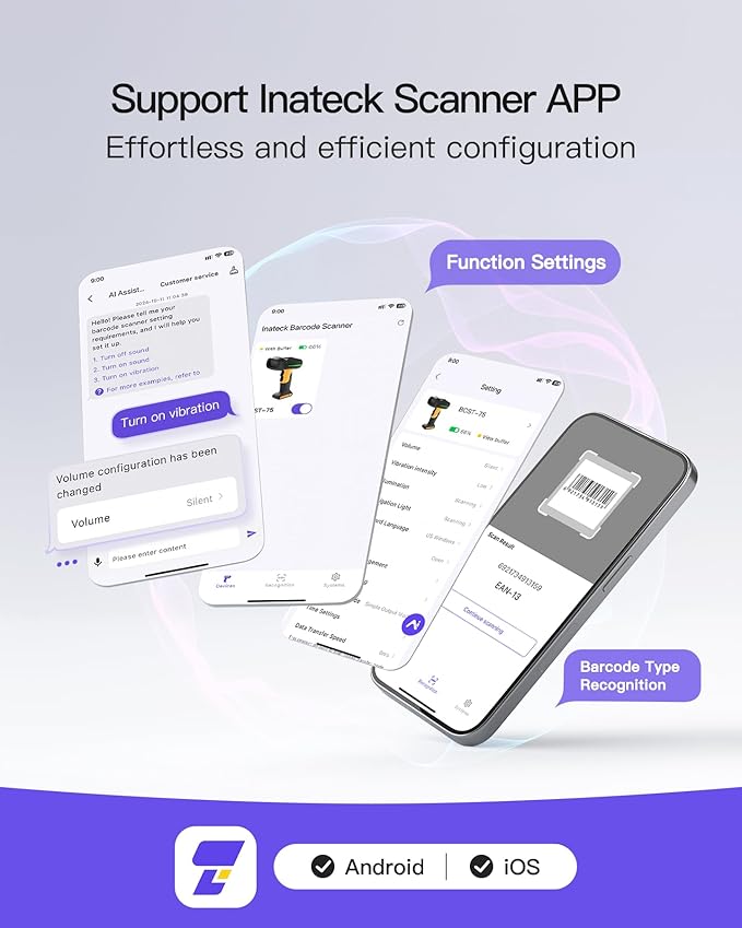Inateck Industrial Barcode Scanner Bluetooth, 1D 2D QR Code Scanner Wireless with IP67 Waterproof and Dustproof, Handscanner with App & SDK, BCST-75-DeskLoop Office