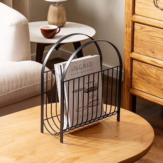 MyGift Deluxe Mid Century Metal Wire Magazine Rack in Matte Black Finish - Image 3