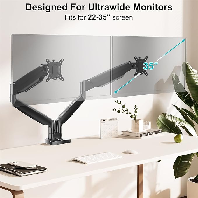 MOUNT PRO Dual Monitor Desk Mount fits 22” to 35” Ultrawide Computer Screen, Holds up to 26.4lbs Each, Fully Adjustable Long Monitor Arm for Two Monitors, Gas Spring Monitor Stand, 100x100 VESA Mount-DeskLoop Office