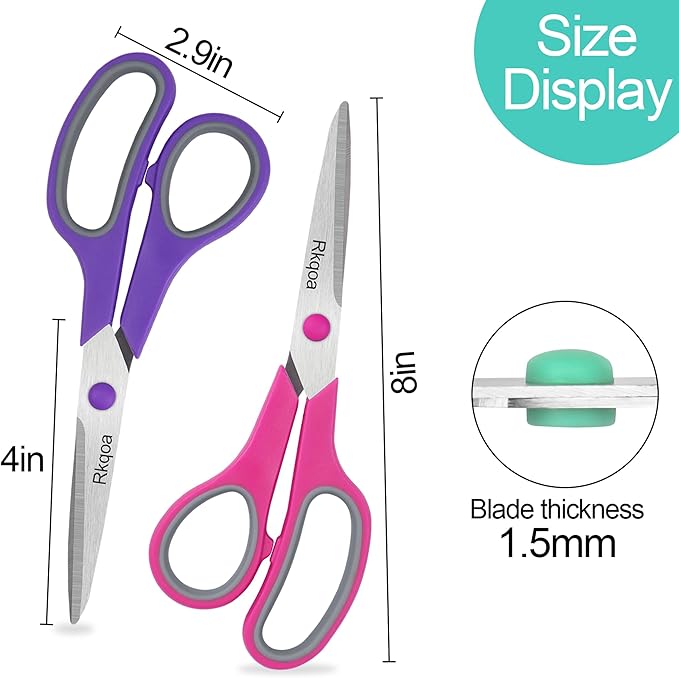 Black 6 Scissors Pack, Rkqoa 8" All Purpose Scissor - High Performance and Designed for Everyday use, Stainless Steel Shears Set with Comfort Grip, Right/Left Handed