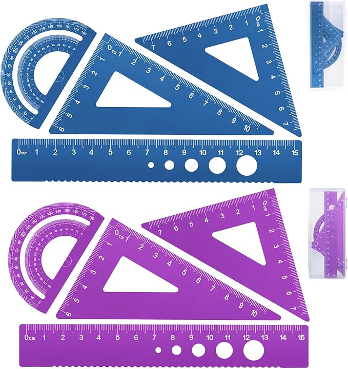 Honagu Triangular Ruler Set, 8 Pieces/2 Sets Aluminum Alloy Ruler, Metal Drafting Ruler, Geometric Protractor for Students, Draftsmen, Engineers, School Office Supplies (Blue+Purple)-DeskLoop Office