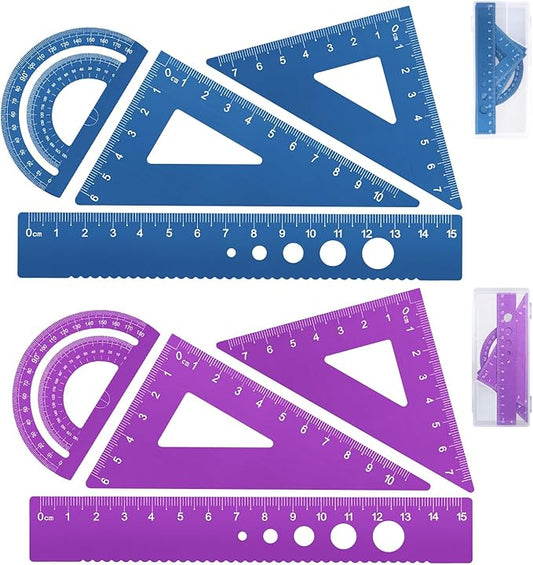 Honagu Triangular Ruler Set, 8 Pieces/2 Sets Aluminum Alloy Ruler, Metal Drafting Ruler, Geometric Protractor for Students, Draftsmen, Engineers, School Office Supplies (Blue+Purple)-DeskLoop Office