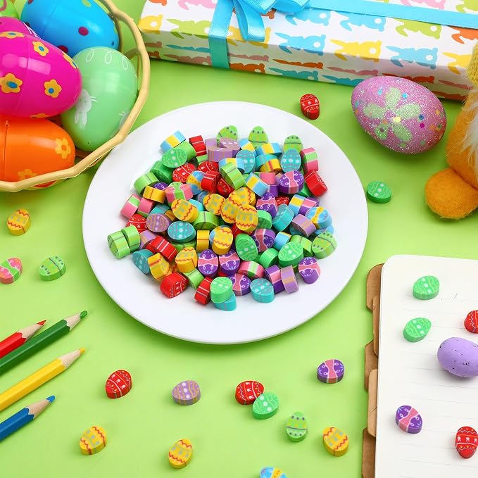 JUNEBRUSHS 150 Pcs Easter Egg Erasers Bulk, 9 Styles Mini Cute Rubber Erasers - Image 3