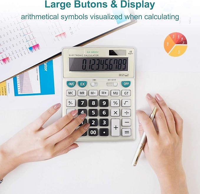 Large Computer Electronic Calculator Counter Solar & Battery Power 12 Digit Display Multi-Functional Big Button for Business Office School Calculating (HY-9800v)-DeskLoop Office