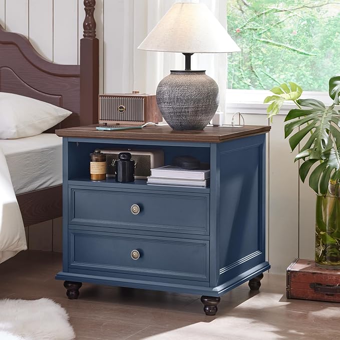 24" Wide Farmhouse Nightstand with Charging Station, End Table with 2 Drawers, Blue Wood Dresser for Bedroom Cabinet, Bed Side Table Chest of Drawers, Night Stand for Living Room, Closet-DeskLoop Office