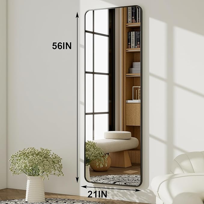 HARRITPURE 56" x 21" Rounded Full Length Mirror Aluminum Frame Black Mirror Full Length Floor Mirror with Stand for Living Room Bedroom Cloakroom-DeskLoop Office