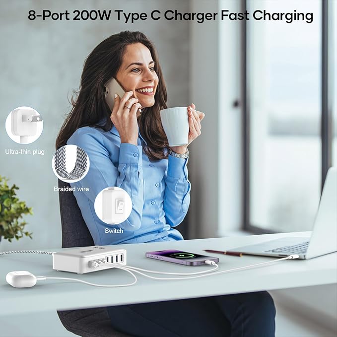 200W Charging Station for Multiple Devices, 8-Port USB C Charger Block Fast Charging, 65W Type C GaN Power Adapter for Cellphones, Tablets, Laptops, Multi Chargers USB Hub Flat Plug-DeskLoop Office