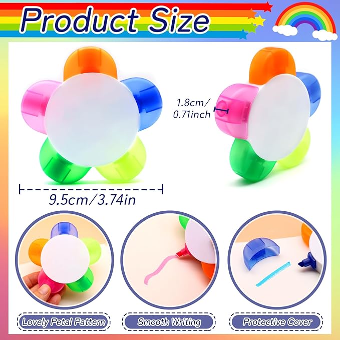 Petal Highlighters 8 PCS Multicolor Highlighter Pens with 5 Vibrant Colors 5 in 1,Flower Shape Fluorescent Pens, Portable & Smooth Writing for School Office Stationery Supplies-DeskLoop Office