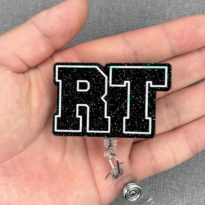 Glitter Black RT Badge Reel Retractable, Cute Respiratory Therapist Acrylic - Image 3