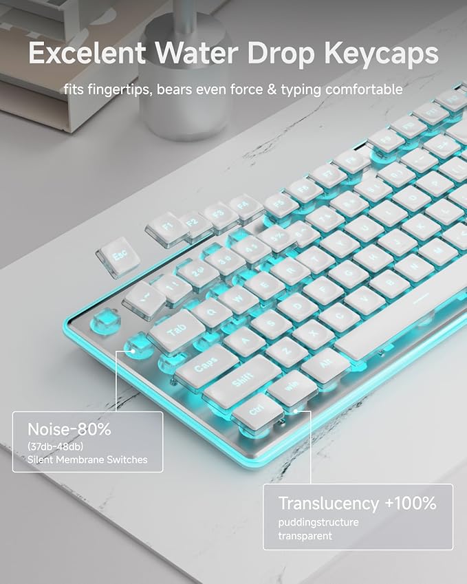 EWEADN V3 Wireless Keyboard and Mouse with Blue Backlit, Metal Panel, Bluetooth/2.4G Rechargeable Computer Keyboard and Mouse Combo Silent Lighted Full Size Cute Keyboards-White-DeskLoop Office
