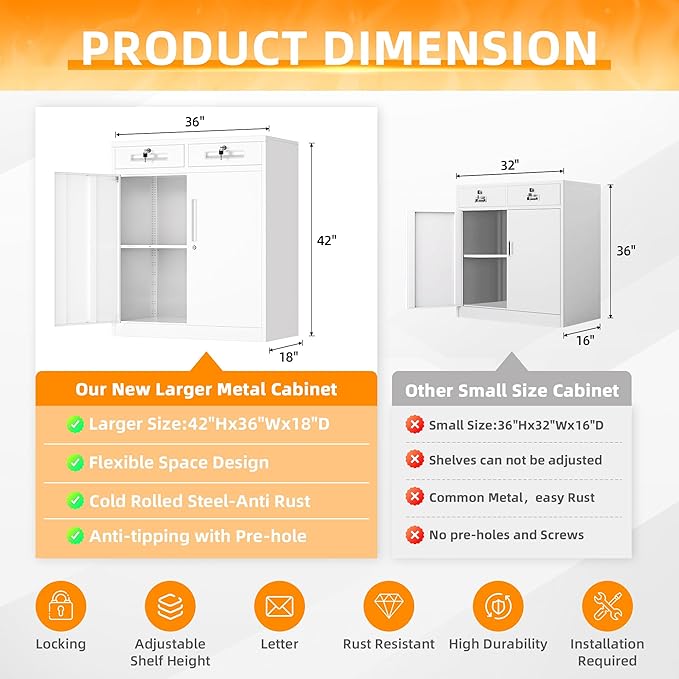 INTERGREAT Metal Cabinets with Drawers,White Metal Storage Cabinets with Doors and Shelves for Garage,Locking Garage Storage Cabinets Drawer 42"×36"×18"-DeskLoop Office