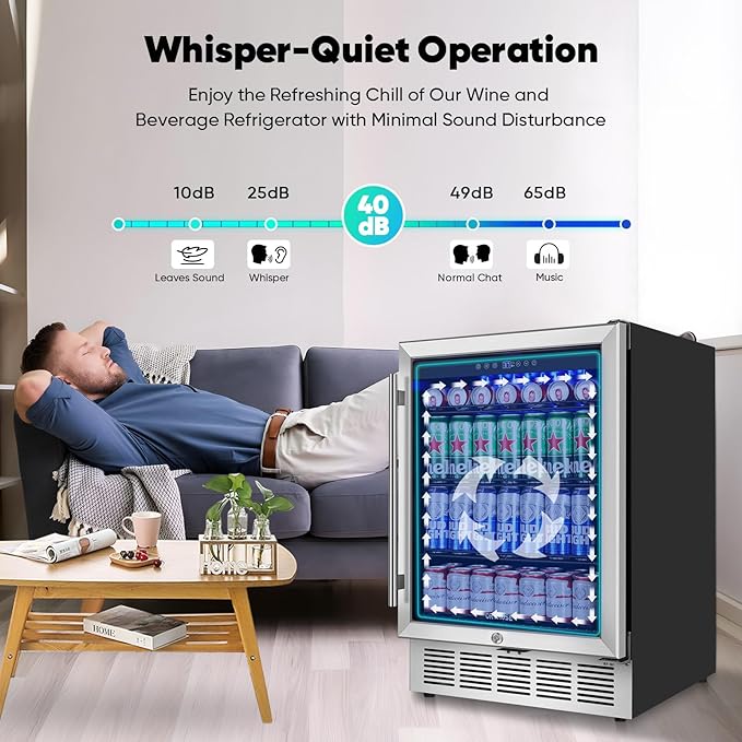 24" Beverage Refrigerator & Cooler, 180 Cans Under Counter Fridge with Lock, Glass Door & Powerful Cooling Compressor - Quiet, Built-in/Freestanding Drink Fridge-DeskLoop Office