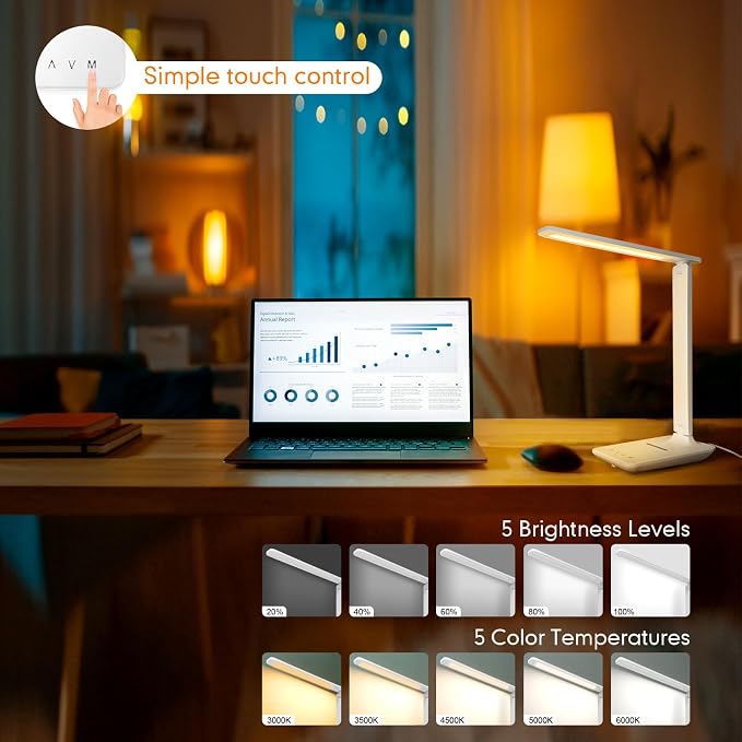 White crown LED Desk Lamp with 15W Wireless Charger & USB Port, Dimmable Table - Image 2