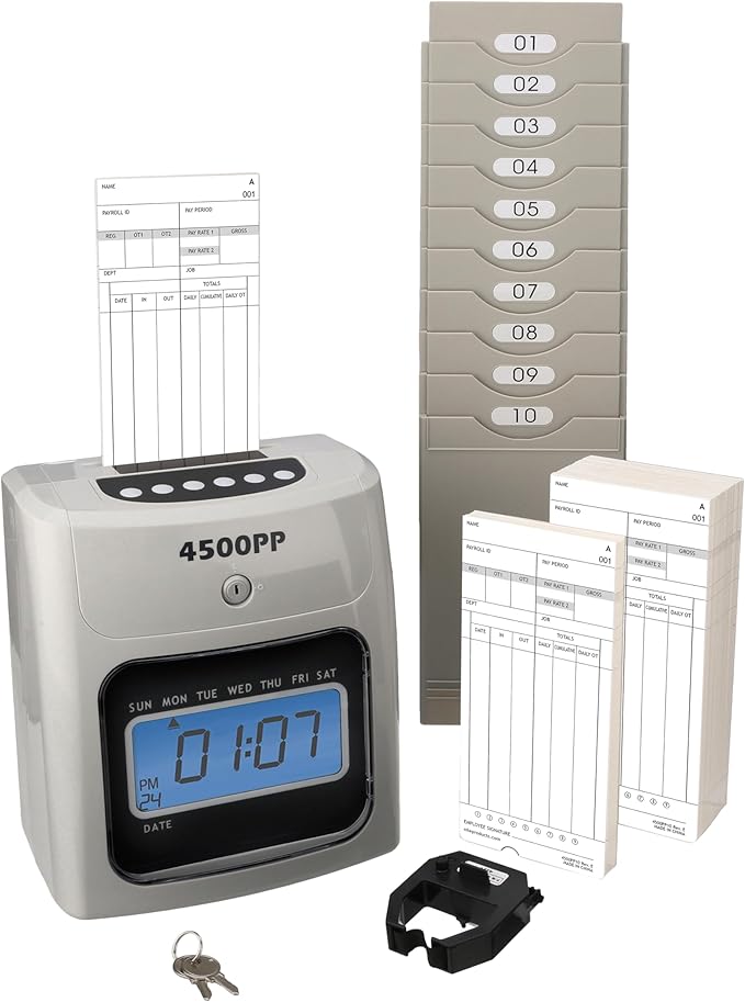 Nile Products - 4500PP Electronic Calculating Time Clock [4500PPK1], Small Business Bundle Includes: 125 Time Cards,1 Ink Ribbon, 2 Security Keys and 1 Ten Pocket Card Rack-DeskLoop Office