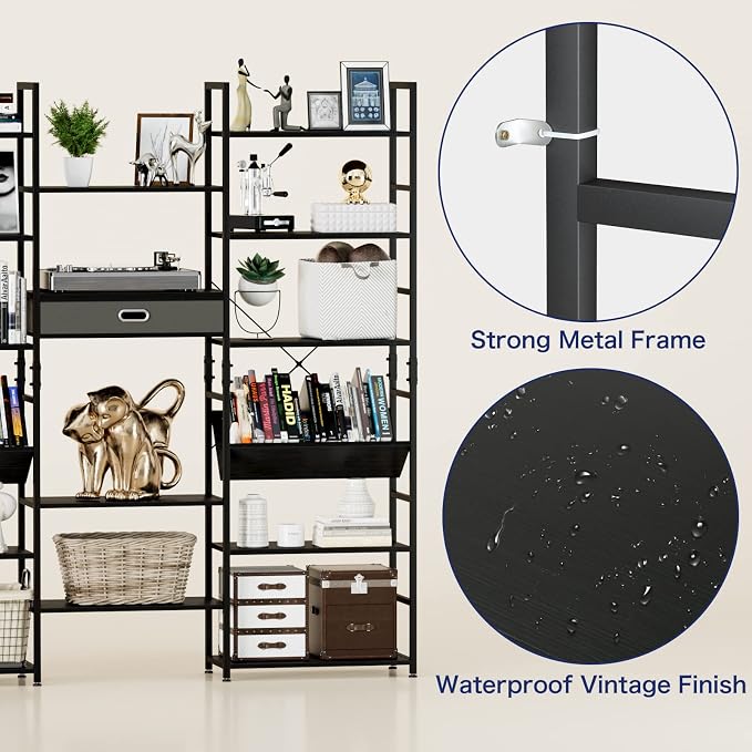 NUMENN Triple Wide 6 Tier Bookshelf, Adjustable Rustic Industrial Style Book - Image 7