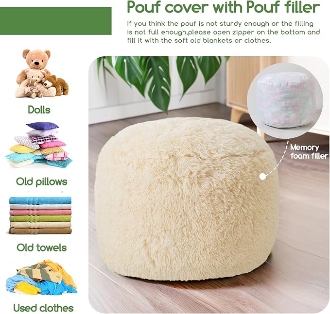 HIGOGOGO Round Stuffed Pouf Ottoman, Long Faux Fur Poufs with Foam Chunk Filling, Fluffy and Furry Pouf Foot Stool Storage Ottoman, 20 X 15 Floor Poufs Foot Rest for Living Room, Beige-DeskLoop Office