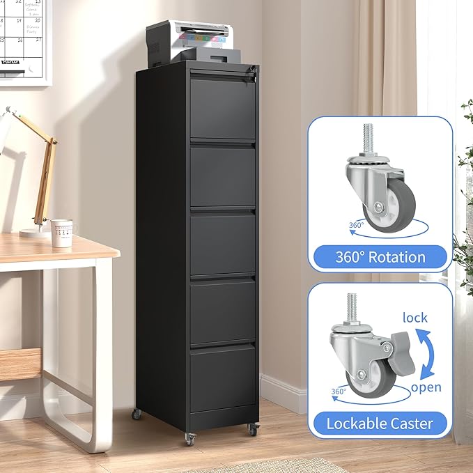 5 Drawer Mobile File Cabinet, Filing Cabinet Home Office for Letter, Legal Size, Black-DeskLoop Office