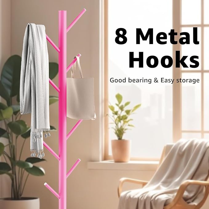 Coat Rack with Natural Marble Base, Metal Freestanding Coat Rack with 8 Hooks, 3 Adjustable Size Sturdy Coat Tree for Bags, Coats, and Hats for Entryway, Hallway, Bedroom, Office, Pink-DeskLoop Office