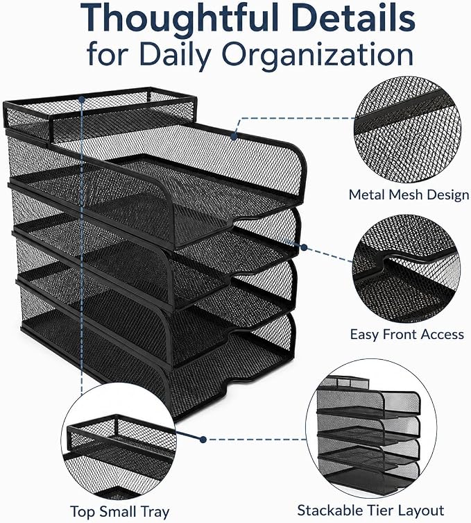 SUPEASY 4-Tier Black Metal Mesh Desk Organizer, Stackable Letter Tray and Paper - Image 5