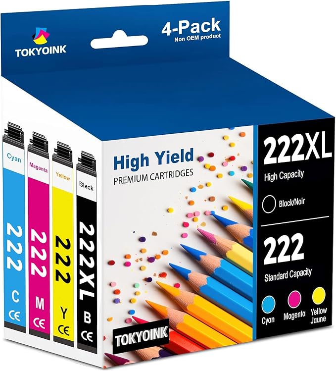 TOKYOINK 222XL Ink Cartridges Combo Pack Remanufactured Replacement for 222 Ink Cartridge 222 XL for Printer XP-5200 WF-2960 Printer Ink (Black, Cyan, Magenta, Yellow 4 Pack)-DeskLoop Office