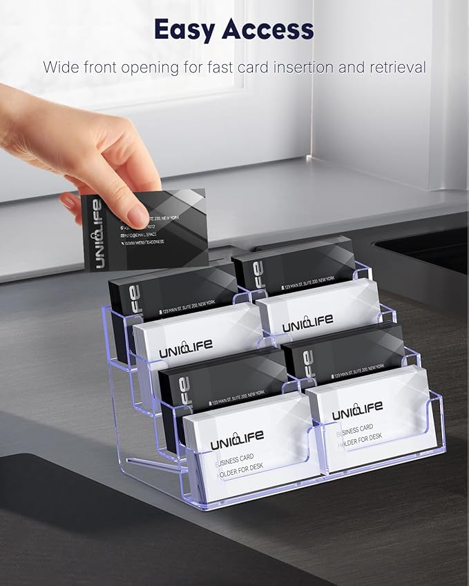 Uniclife 4 Pack Acrylic Business Card Holder for Desk 8 Slots Clear Business Card Display Stand for Men & Women Desktop Business Card Organizer Card Stand for Office Home Exhibition, 480 Card Capacity-DeskLoop Office