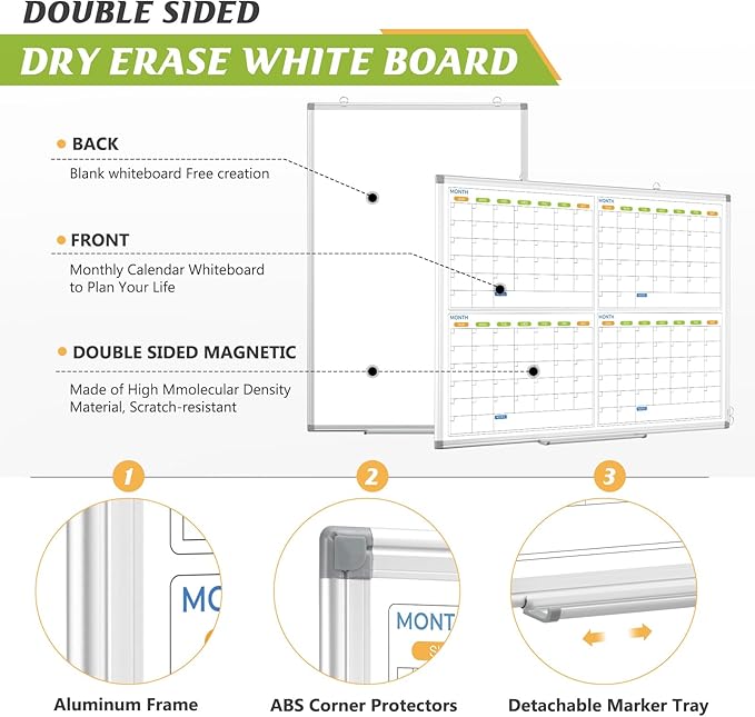Dry Erase Calendar Whiteboard for Wall, 36" x 24" Magnetic Planner, Silver Aluminum Frame 4 Month Board for Office Home and School-DeskLoop Office