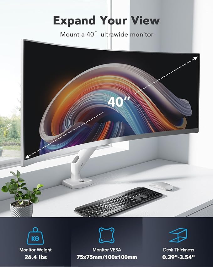 HUANUO Single Monitor Arm for 40 inch Screens, Ultrawide Computer Monitor Mount Holds 26.48 lbs, Upgraded Adjustable Stand with USB, C-Clamp & Grommet Base, VESA 75x75 or 100x100mm-DeskLoop Office