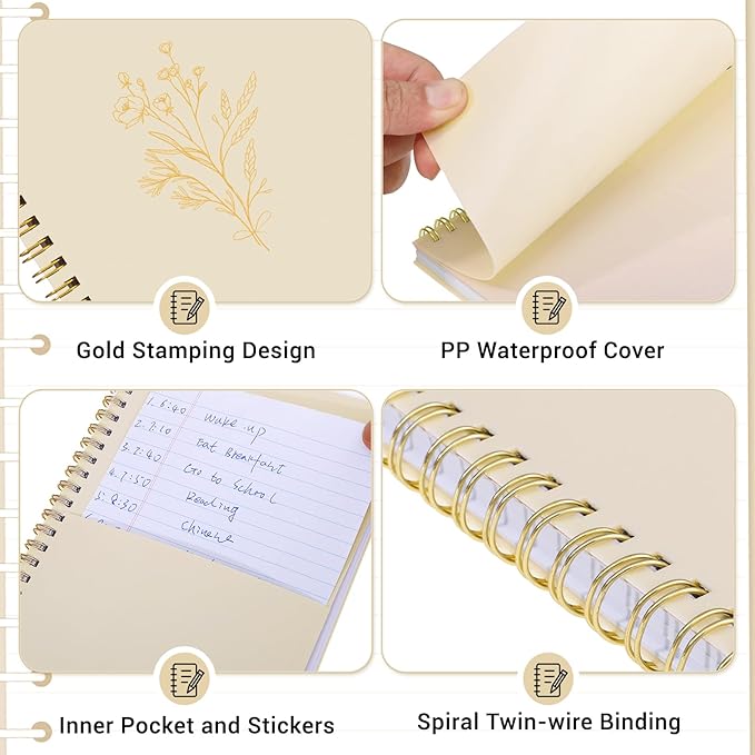 3 Pcs Spiral Notebook 5.9x8.3, 140 Pages Small Notebook for Women A5 College Ruled Journals Cute Notebooks with Large Pockets and Index Stickers for Home School Office Use（Green, Beige, Orange）-DeskLoop Office